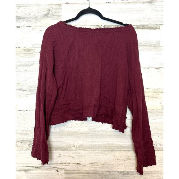 Free People Women’s XS Burgundy Boho Long Sleeve Open Back Button Crop Top - Picture 1 of 5